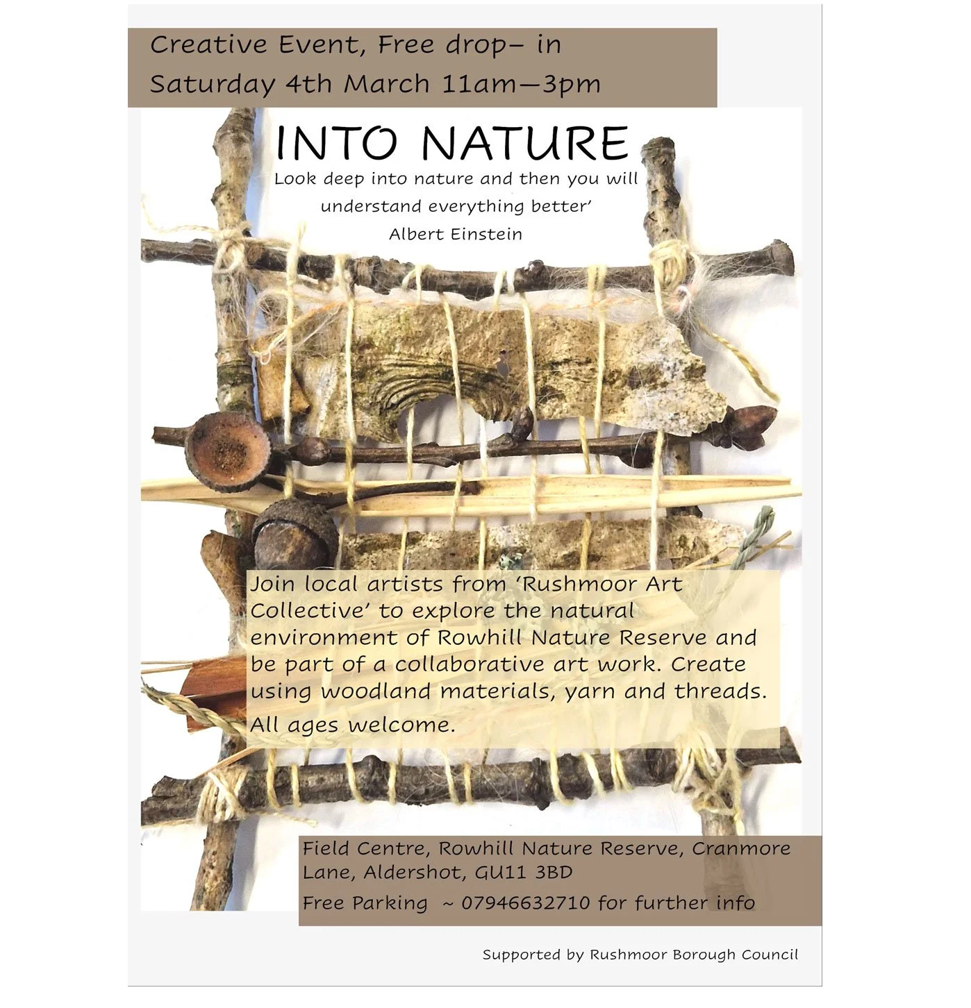 Community engagement day 
'Into Nature'  Community Weave project 2023
 - Rushmoor Art Collective
Barbara Touati - Evans,
Ginny Farquhar,
Gemma McClennan.