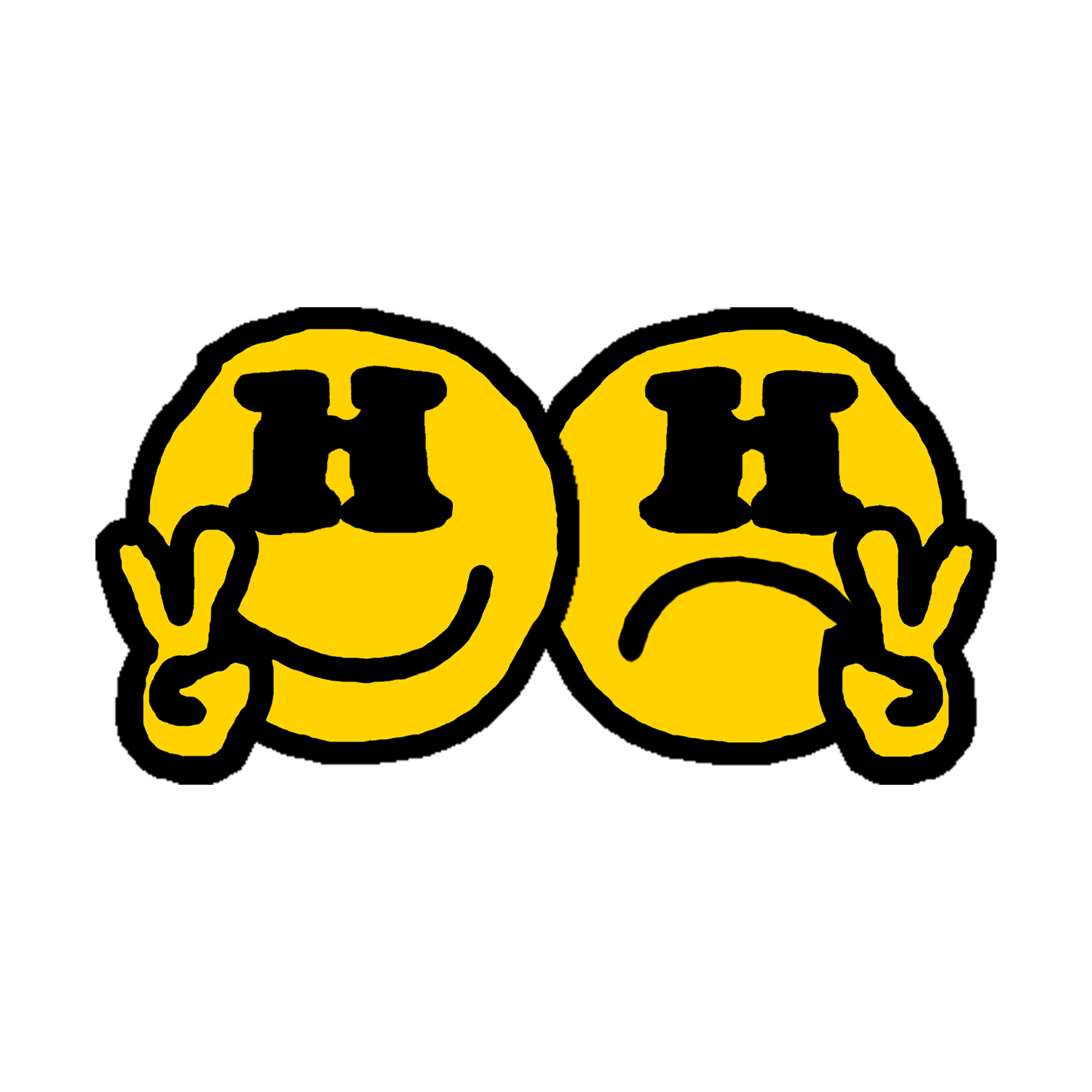 Yellow smiley face and sad face emoji with sleep masks, with the sleep masks lifted over eyes. Sleep masks are black with an 'H' on each. Hood Hippie