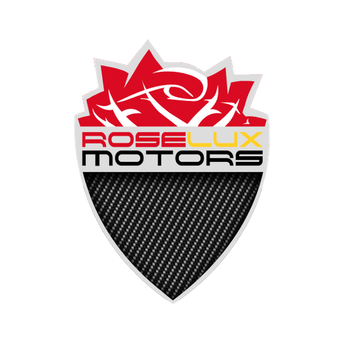 Logo for RoseLux Motors featuring a red maple leaf, a shield shape, and text in red, yellow, and black.