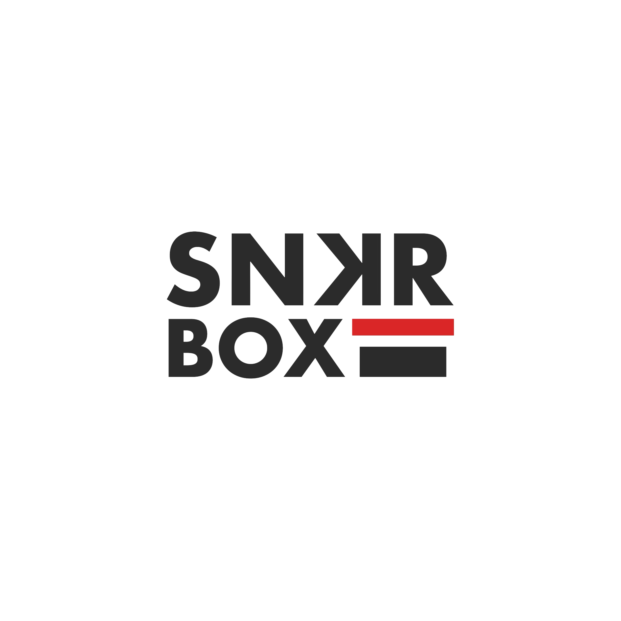 Graphic design with the words "SNKR BOX" in black and white, with a red and black underline, on a black background.