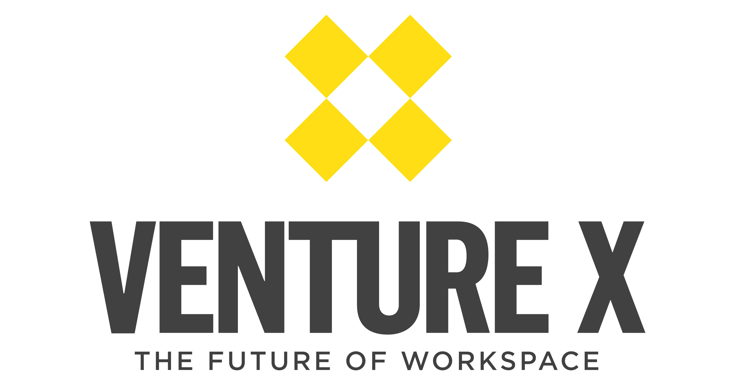 Venture X logo featuring a diamond-shaped icon with yellow squares and a black background. Below the icon, the text 'VENTURE X' in large gray letters, and beneath that, the tagline 'THE FUTURE OF WORKSPACE' in smaller gray letters.