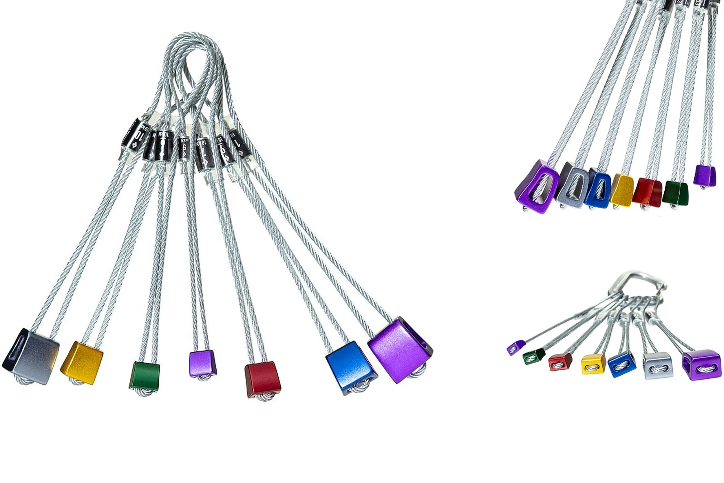 Assorted carabiners and gear clips with colorful anodized tips on white background — outdoor gear product photography by BK Captured