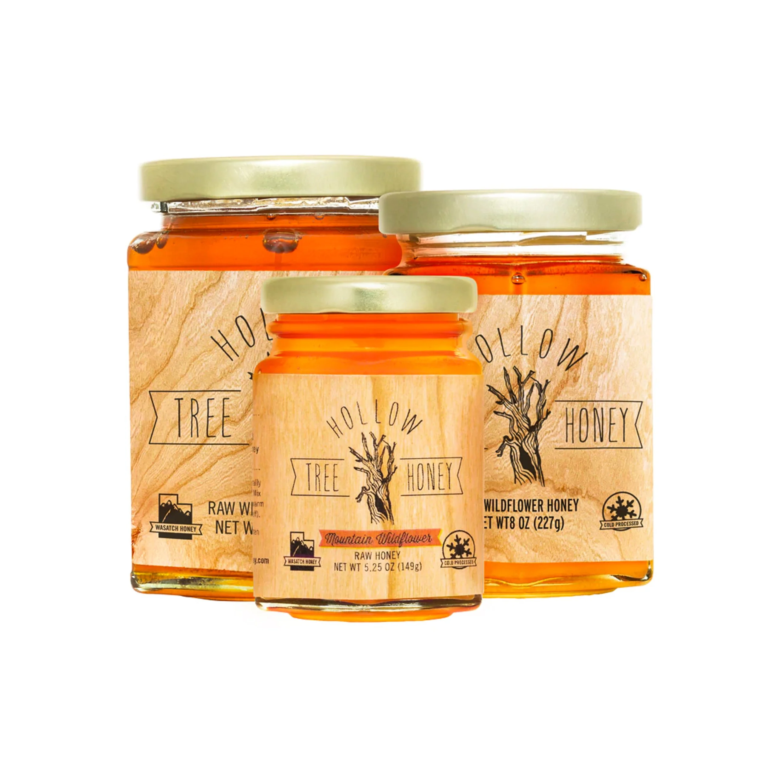 Three Hollow Tree honey jars showcasing the various size options available— styled packaged goods photography by BK Captured