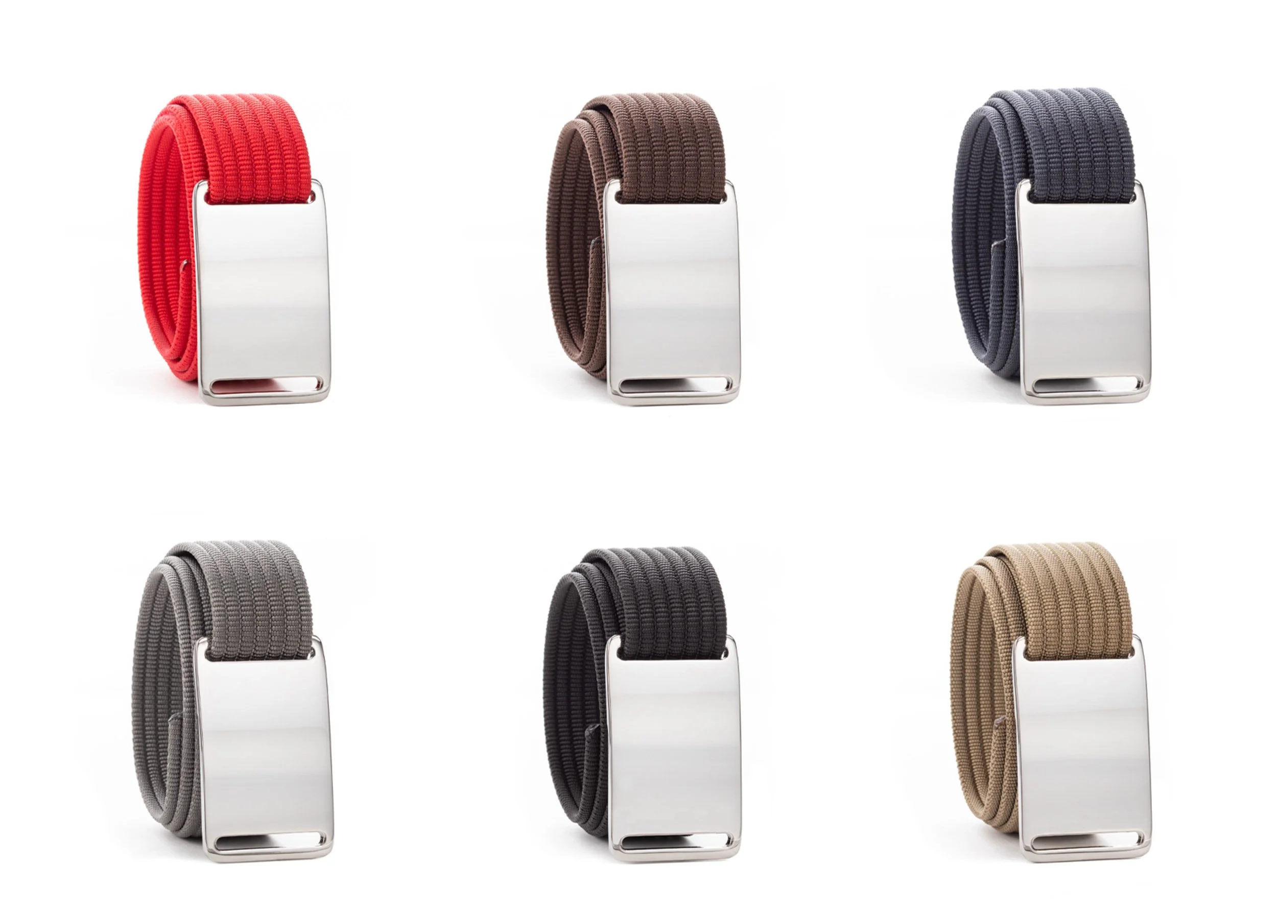 Grip6 belts in red, white, brown, and tan displayed in grid on white background — product photography by BK Captured