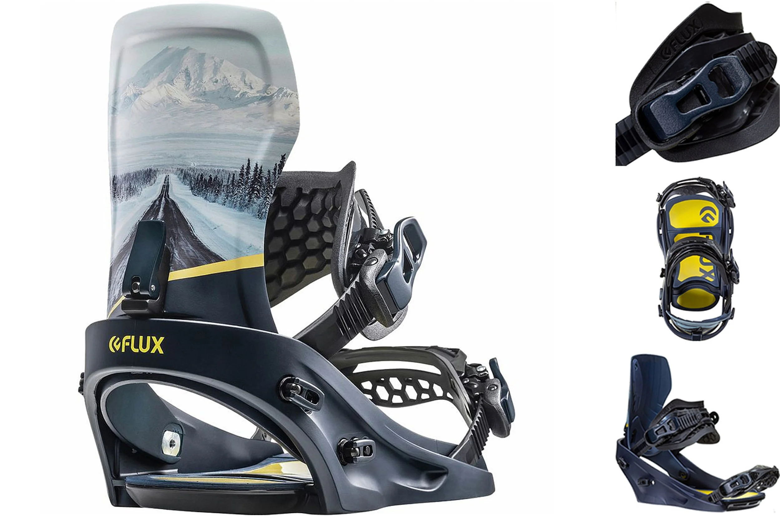 Flux snowboard bindings with hardware components exploded on white background — outdoor gear product photography by BK Captured