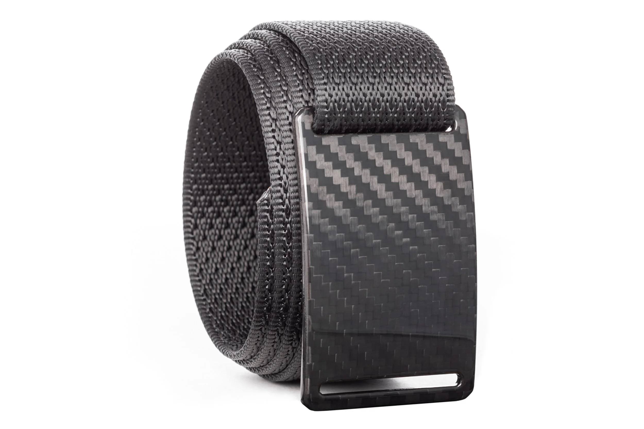 Grip6 carbon fiber belt buckle detail on white background — product photography by BK Captured