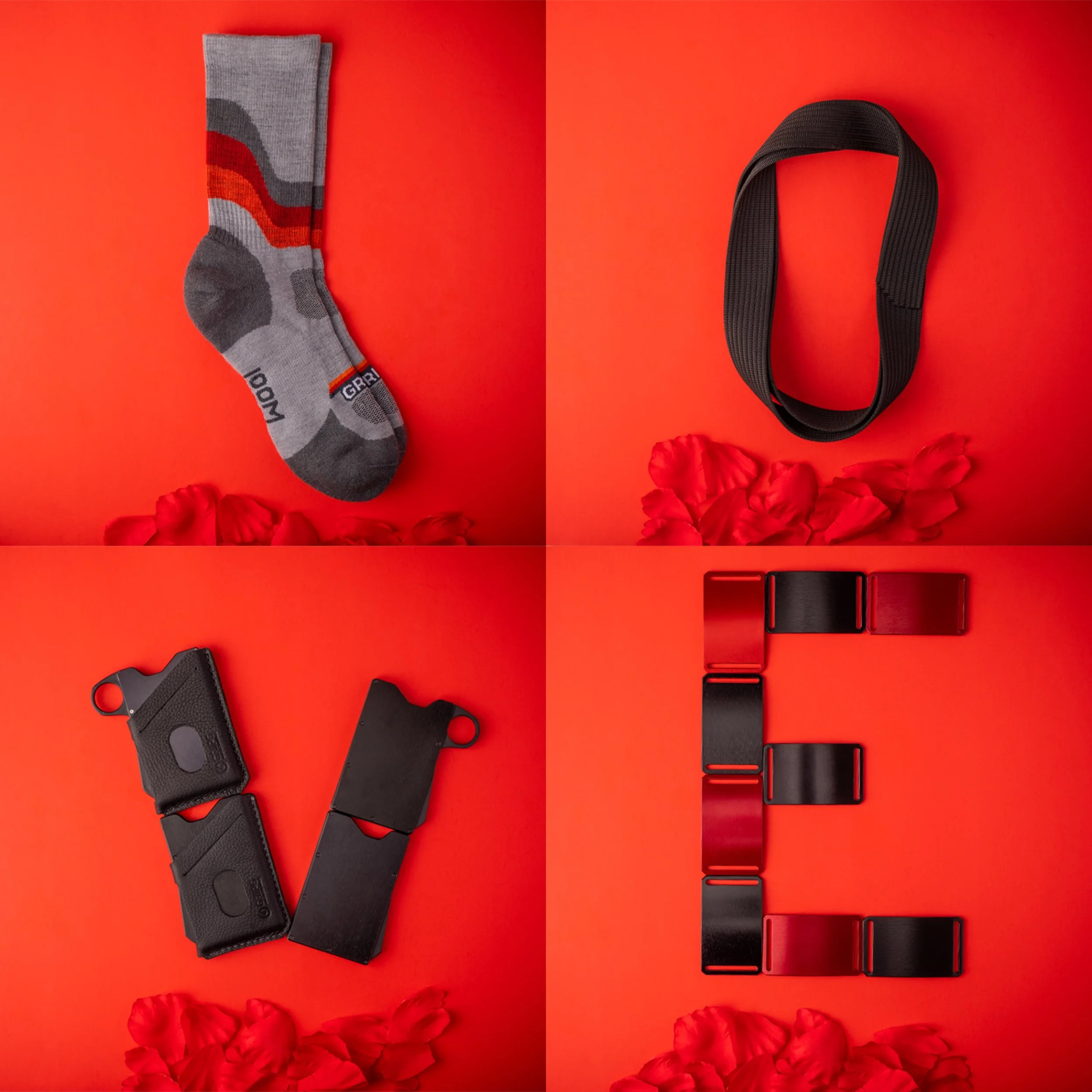 Grip6 belts and buckles arranged to spell LOVE on red background — styled product flatlay by BK Captured