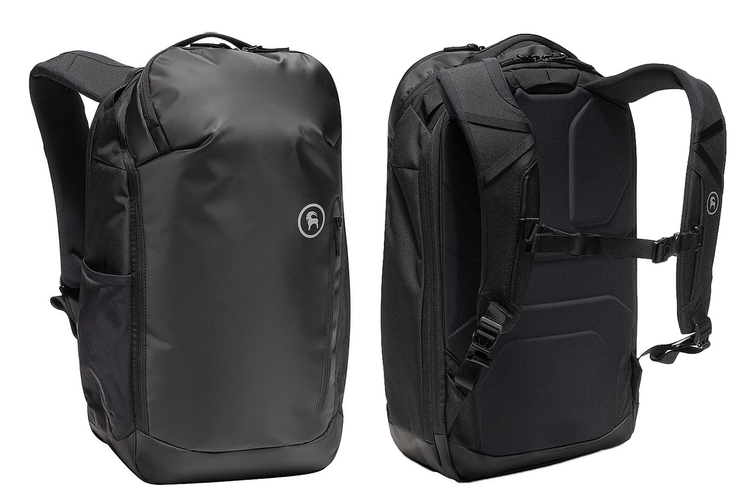 Black technical backpack shown from front and side on white background — outdoor gear product photography by BK Captured