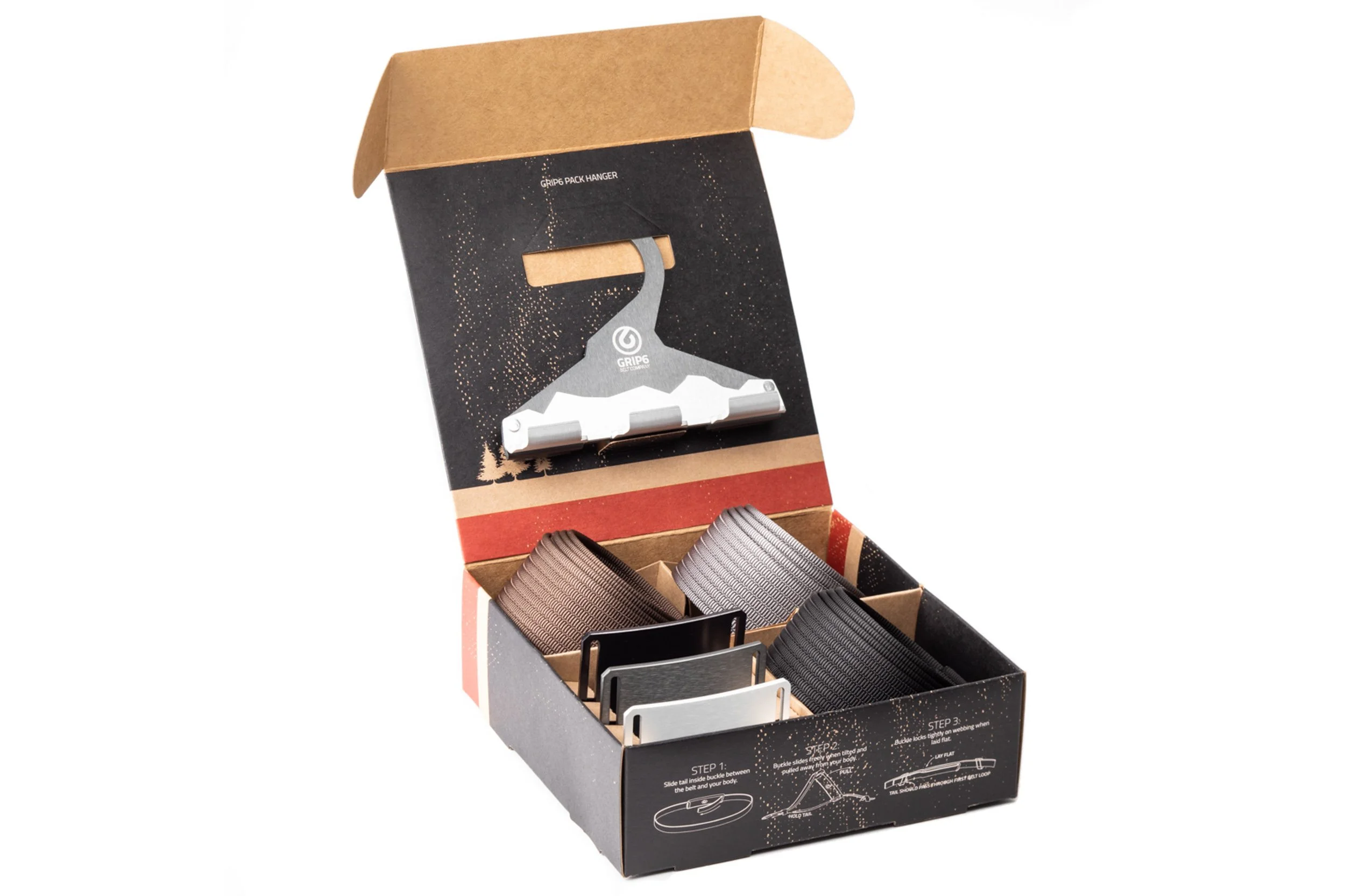 Grip6 belt in open retail box with branded packaging on white background — packaging product photography by BK Captured