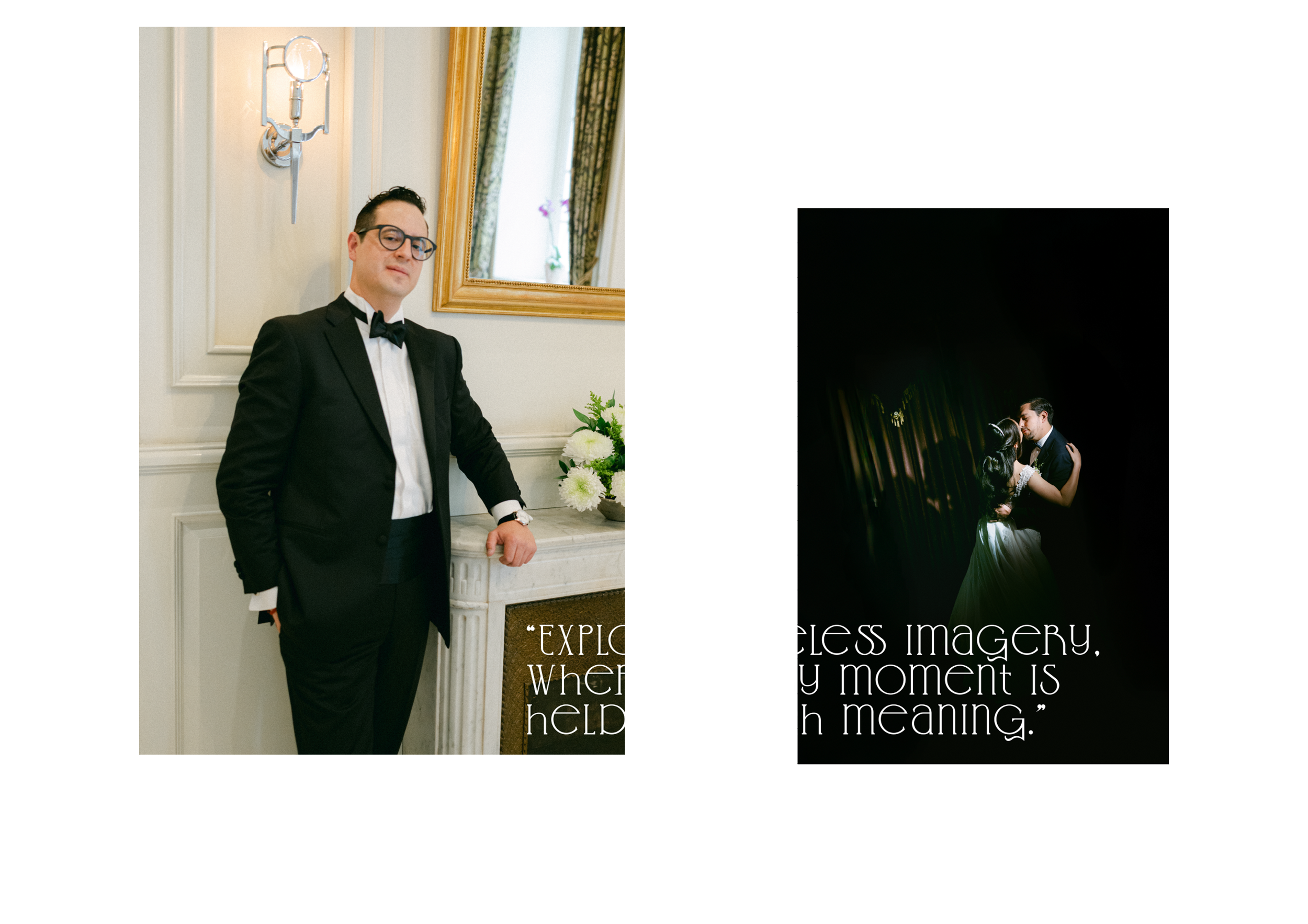 Imagen dividida en dos partes. La izquierda muestra un hombre joven con gafas, traje negro y pajarita, posando junto a una chimenea y un espejo dorado. La derecha muestra una pareja bailando en la oscuridad, con fondo de cortinas verdes. Incluye texto en la parte inferior que dice: 'Exploring timeless imagery, where every moment is helpful and with meaning.'