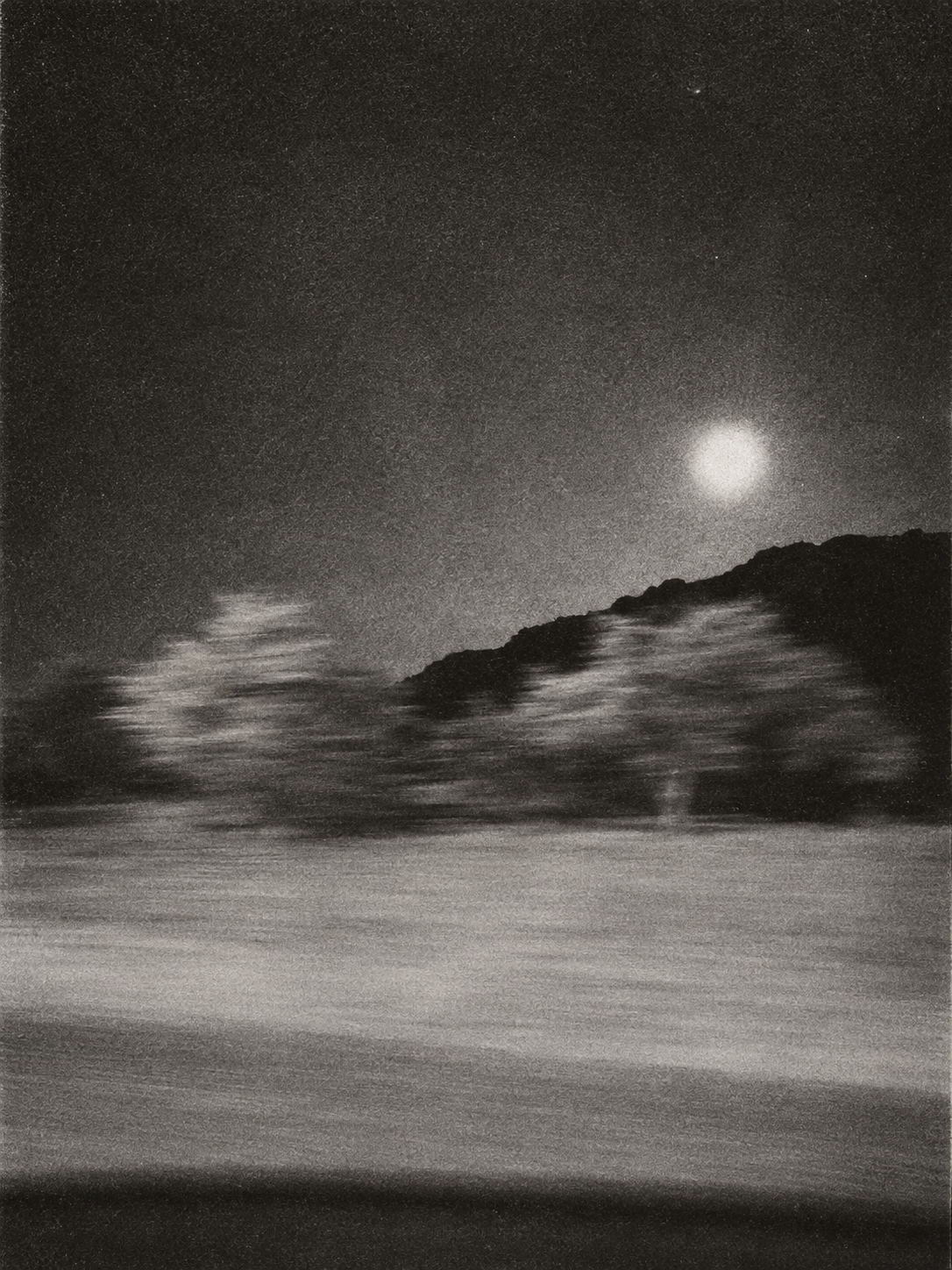Black and white photograph of a moonlit landscape with a hill, a couple of trees, and a body of water reflecting moonlight.