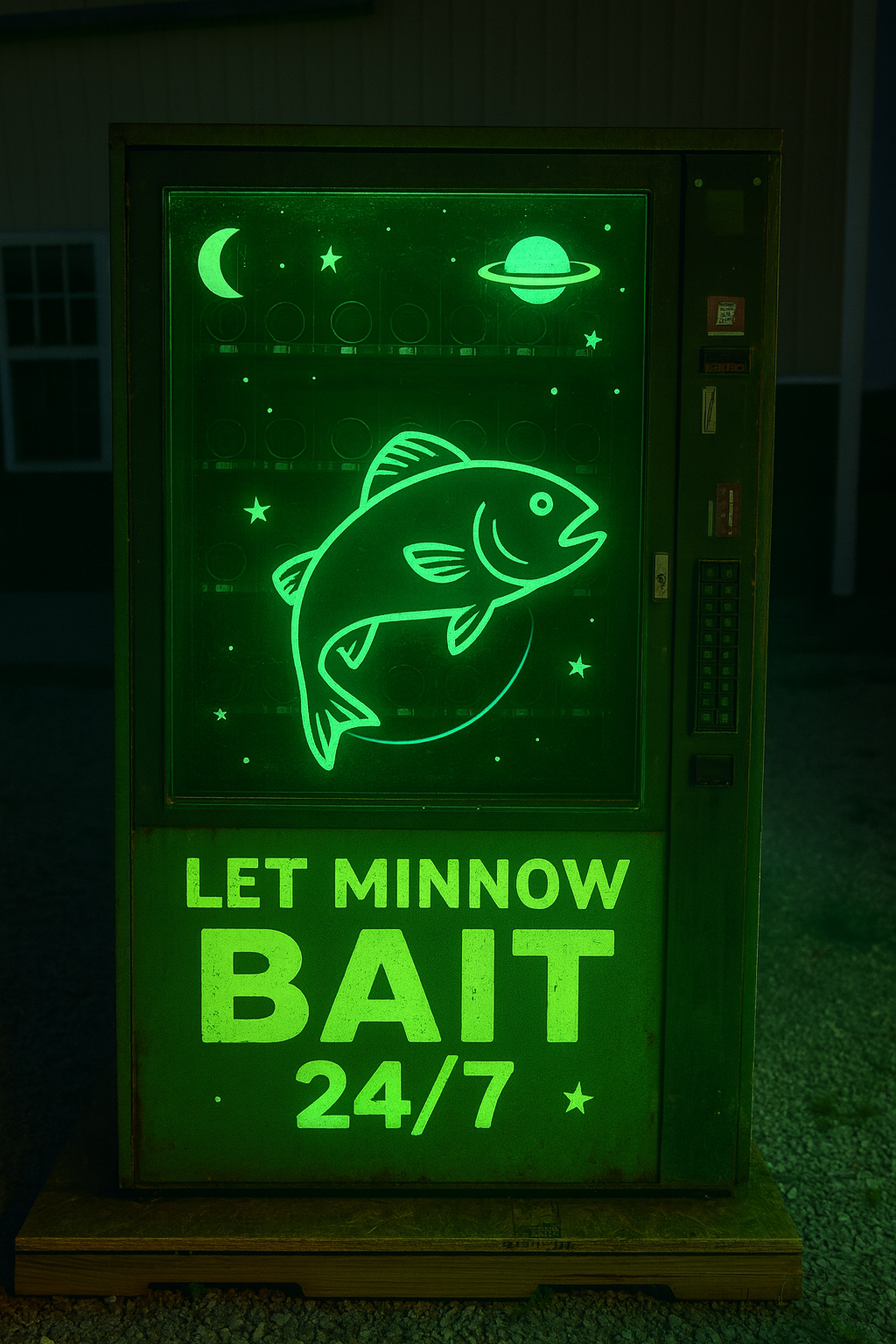 A vending machine with glowing green neon signs, featuring a fish, space-themed planets, stars, and the text 'Let Minnow Bait 24/7'.