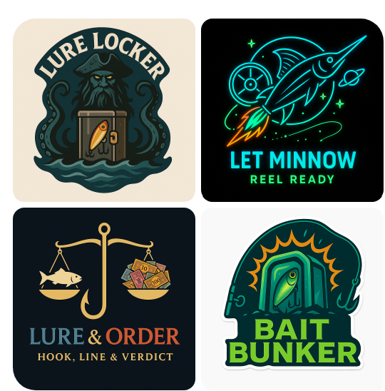 Four fishing-related logos, including a locke images, a neon fish and torpedo, a balance scale with a fish and dollar bills, and a bunker with a fish inside.