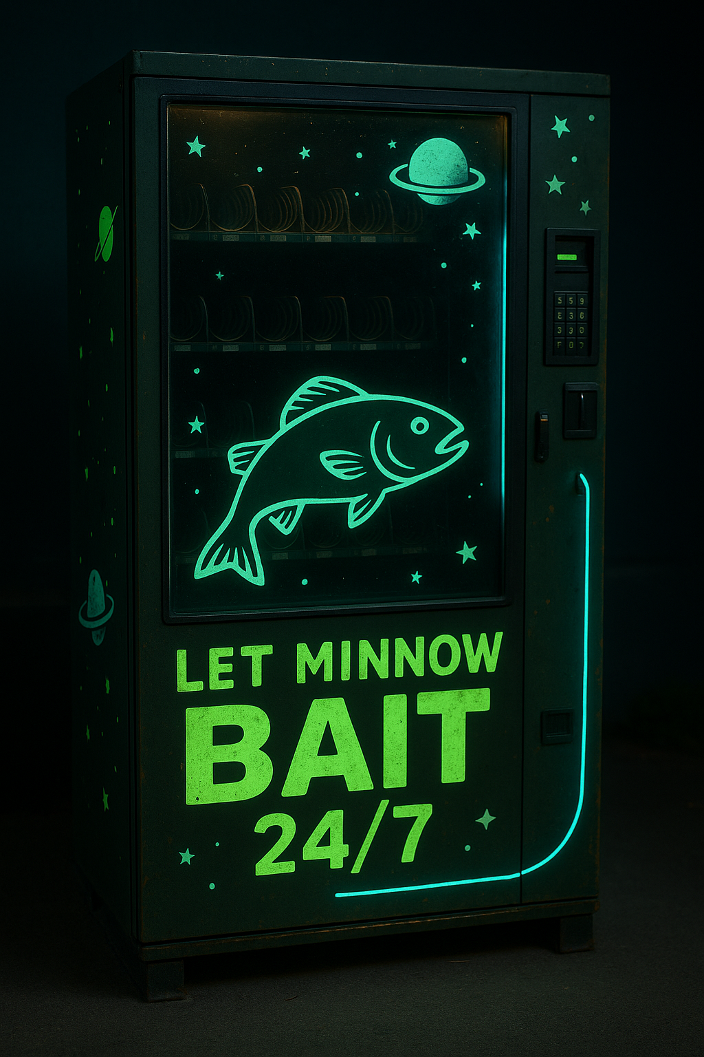 A vending machine with space-themed decorations glowing in green, featuring a fish, a planet, and stars, with the text 'Let Minnow Bait 24/7' illuminated.