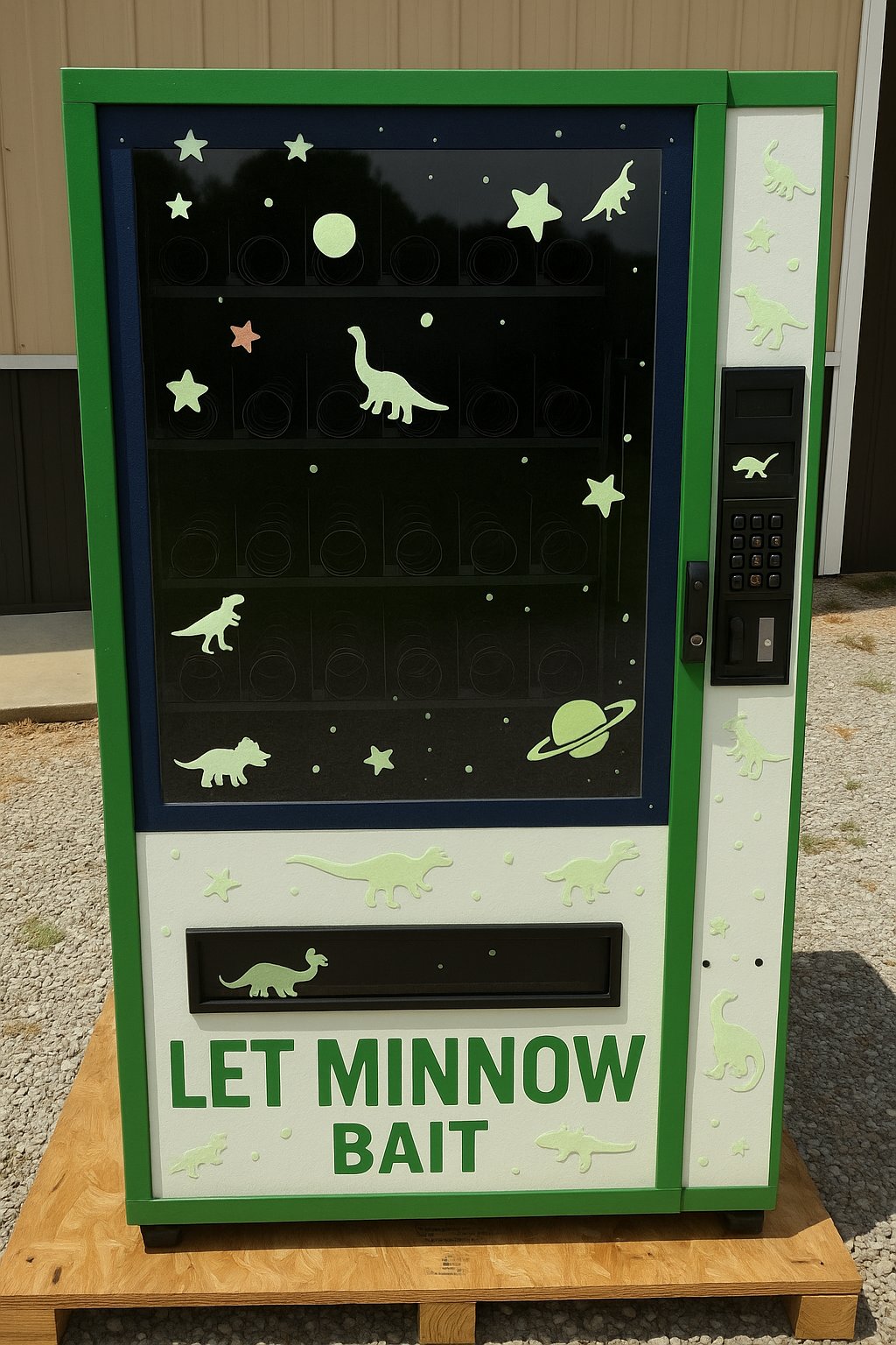 A vending machine decorated with space-themed dinosaur stickers, with the words "Let Minnow Bait" on the lower part.