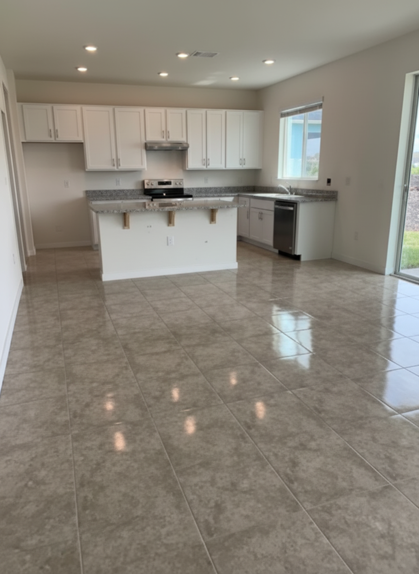 Empty kitchen with white cabinets, granite countertops, a black stovetop, stainless steel dishwasher, and large beige tiled floor.