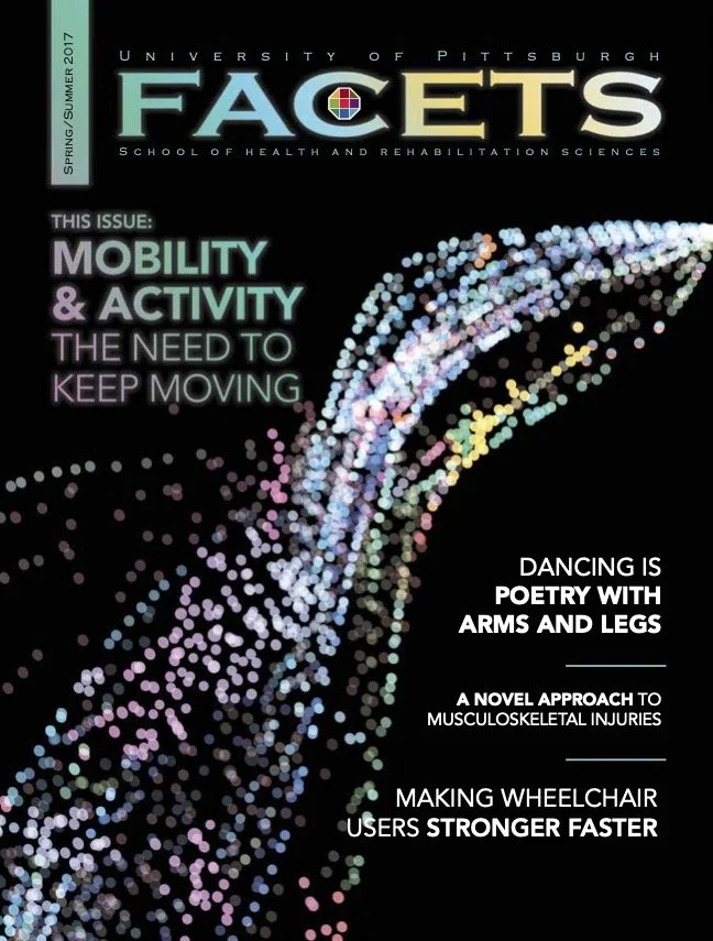Cover of Facets magazine, Spring/Summer 2017 issue, featuring a colorful, dotted abstract design on a black background. Title emphasizes topics on mobility, activity, and musculoskeletal health.