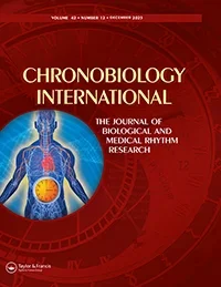 Cover of the journal 'Chronobiology International' featuring a human silhouette with a focus on internal organs, set against a red background with clock and gear graphics.