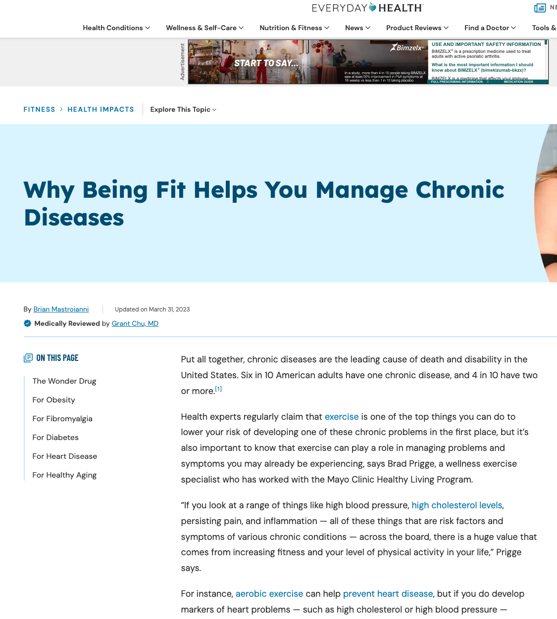 Screenshot of a health article titled 'Why Being Fit Helps You Manage Chronic Diseases' from Everyday Health website, with menu options at the top and part of the article visible.