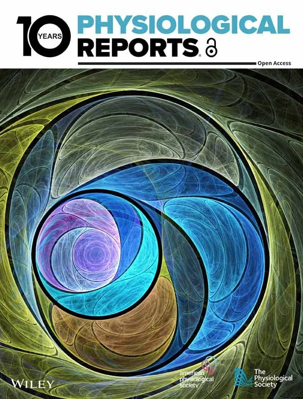 Cover of 'Physiological Reports', celebrating 10 years, features an abstract, colorful fractal design with swirling patterns and vibrant hues.