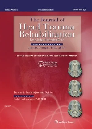 Cover of The Journal of Head Trauma Rehabilitation featuring a pink background and images of brain scans.