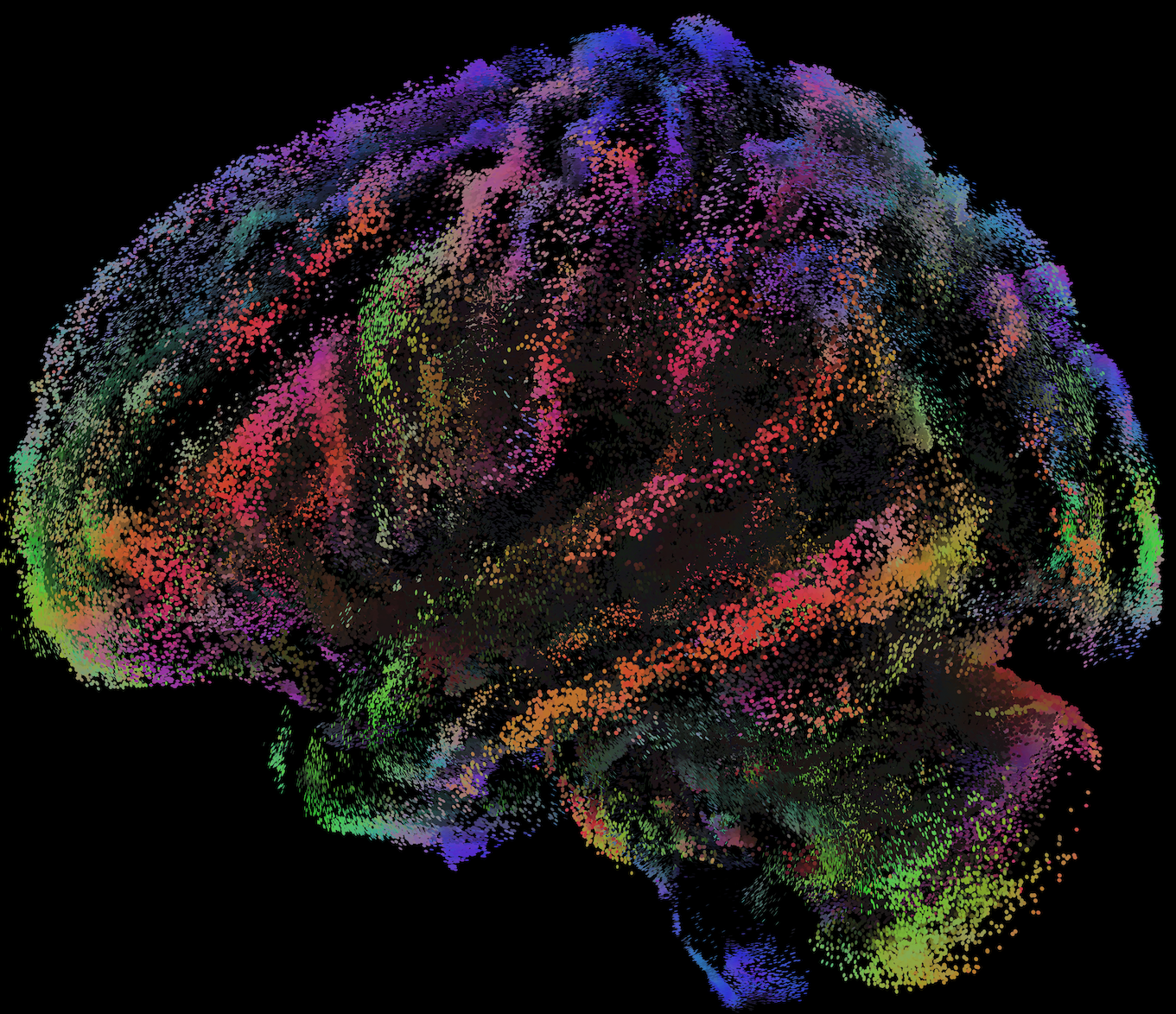 Colorful digital illustration of a human brain made up of numerous small particles on a black background.
