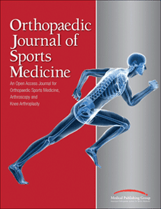 Cover of the Orthopaedic Journal of Sports Medicine featuring a digital illustration of a human figure running, with a background split between red on the left and gray on the right.