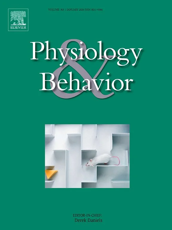 Cover of the journal "Physiology & Behavior" featuring a white mouse on a maze with white walls and some colored blocks.