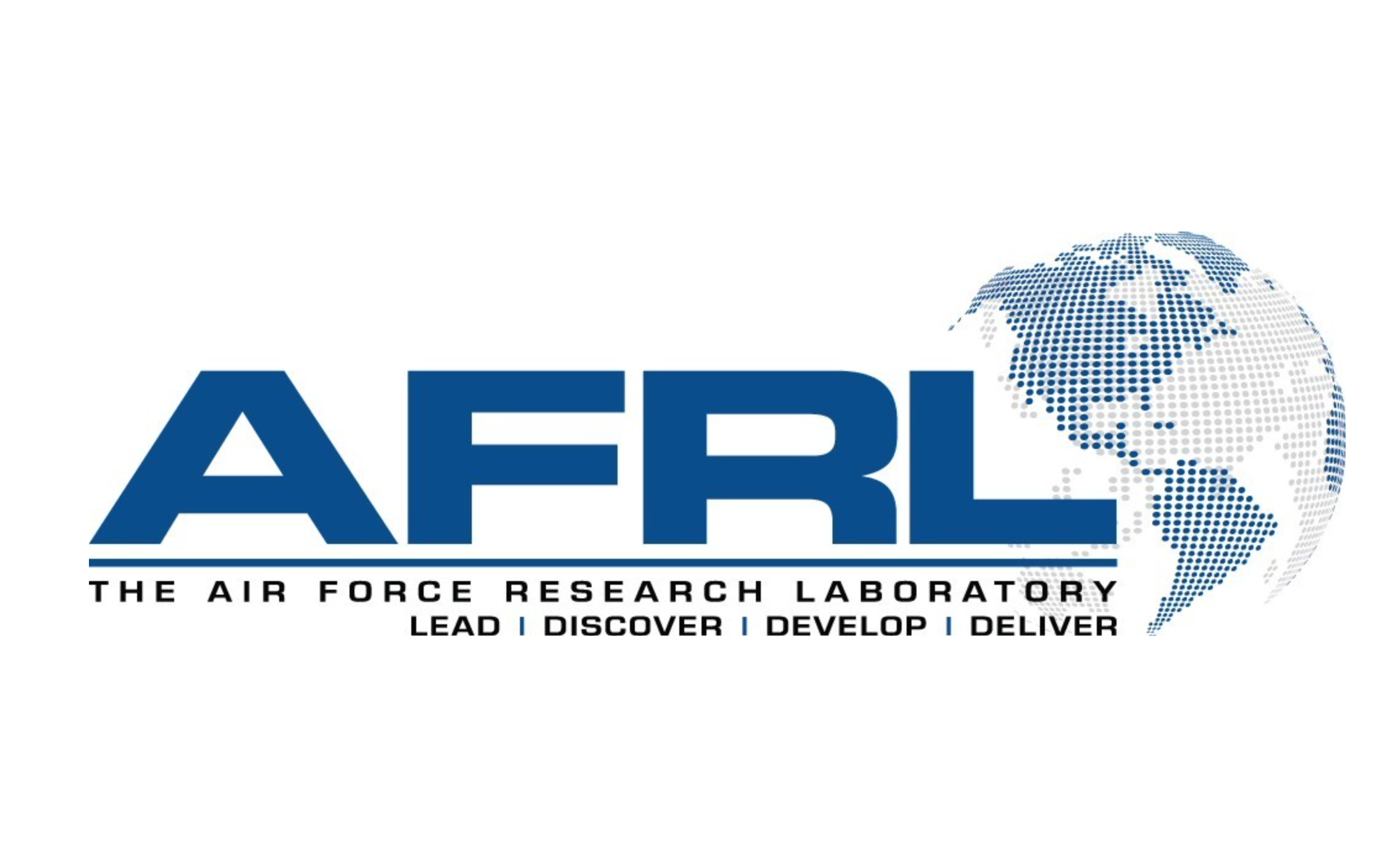 Logo of the Air Force Research Laboratory, featuring a dotted globe of North and South America, with the acronym AFRL in large blue letters and the full name and mission statement underneath.