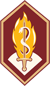 A medical emblem with a flame, a snake wrapped around a staff, and a shield background
