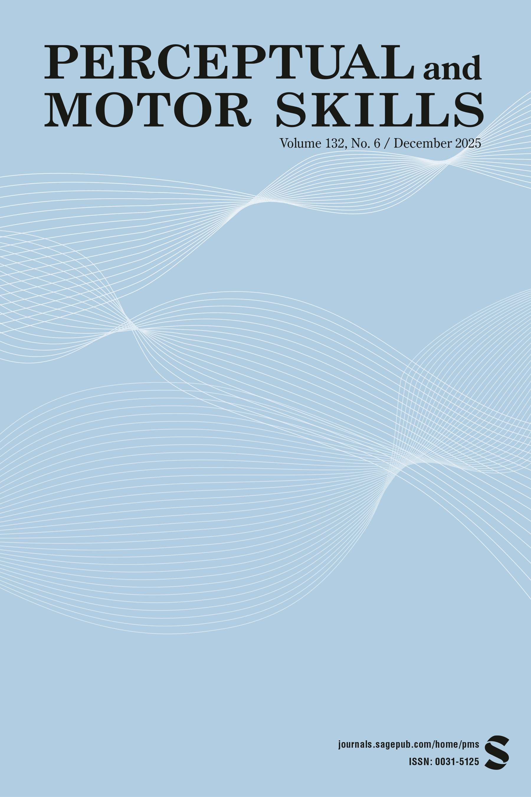 Cover of the journal 'Perceptual and Motor Skills' with a light blue background and white wave design, titled volume 132, number 6, December 2025.