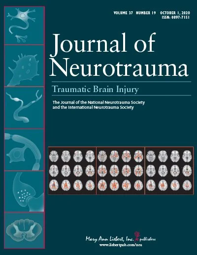 Cover page of the Journal of Neurotrauma, Volume 37, Number 19, October 1, 2020, featuring illustrations of the human brain and nervous system on the left side, and multiple brain scan images in the center.