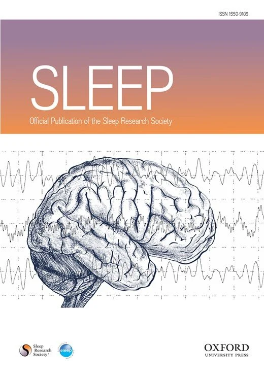 Cover of a publication titled 'SLEEP,' with a gradient background from purple to orange, featuring a detailed illustration of a human brain with sleep activity waveforms in the background. Logos of the Sleep Research Society and Oxford University Press are at the bottom.