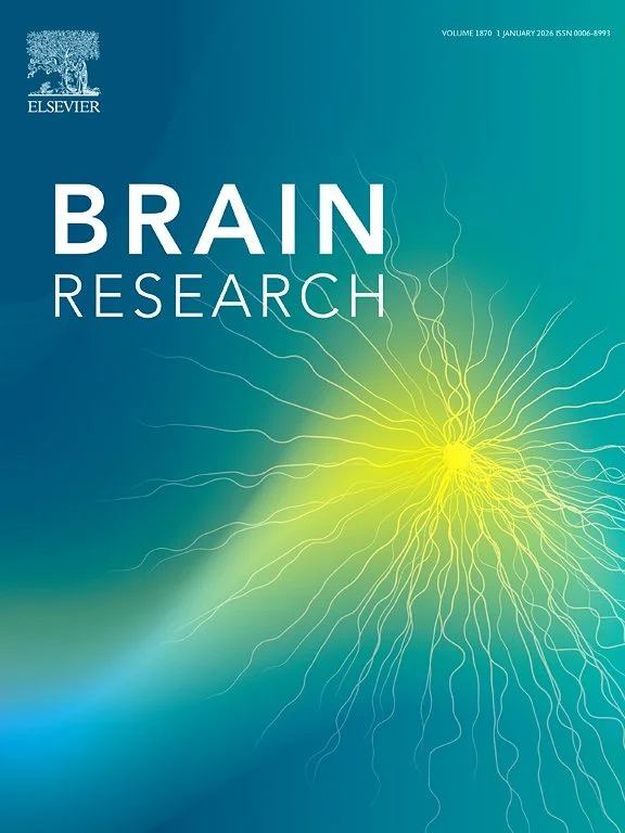 Cover of a scientific journal titled 'Brain Research' with a graphic of a glowing yellow neuron with nerve-like connections on a blue background.
