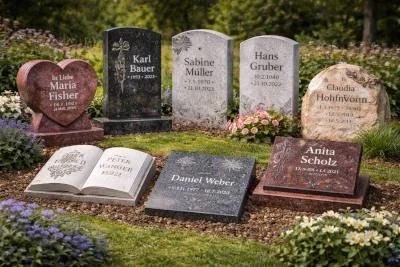 Grabsteine und Grabplatten auf einem Friedhof, mit Blumen und einem offenen Buch