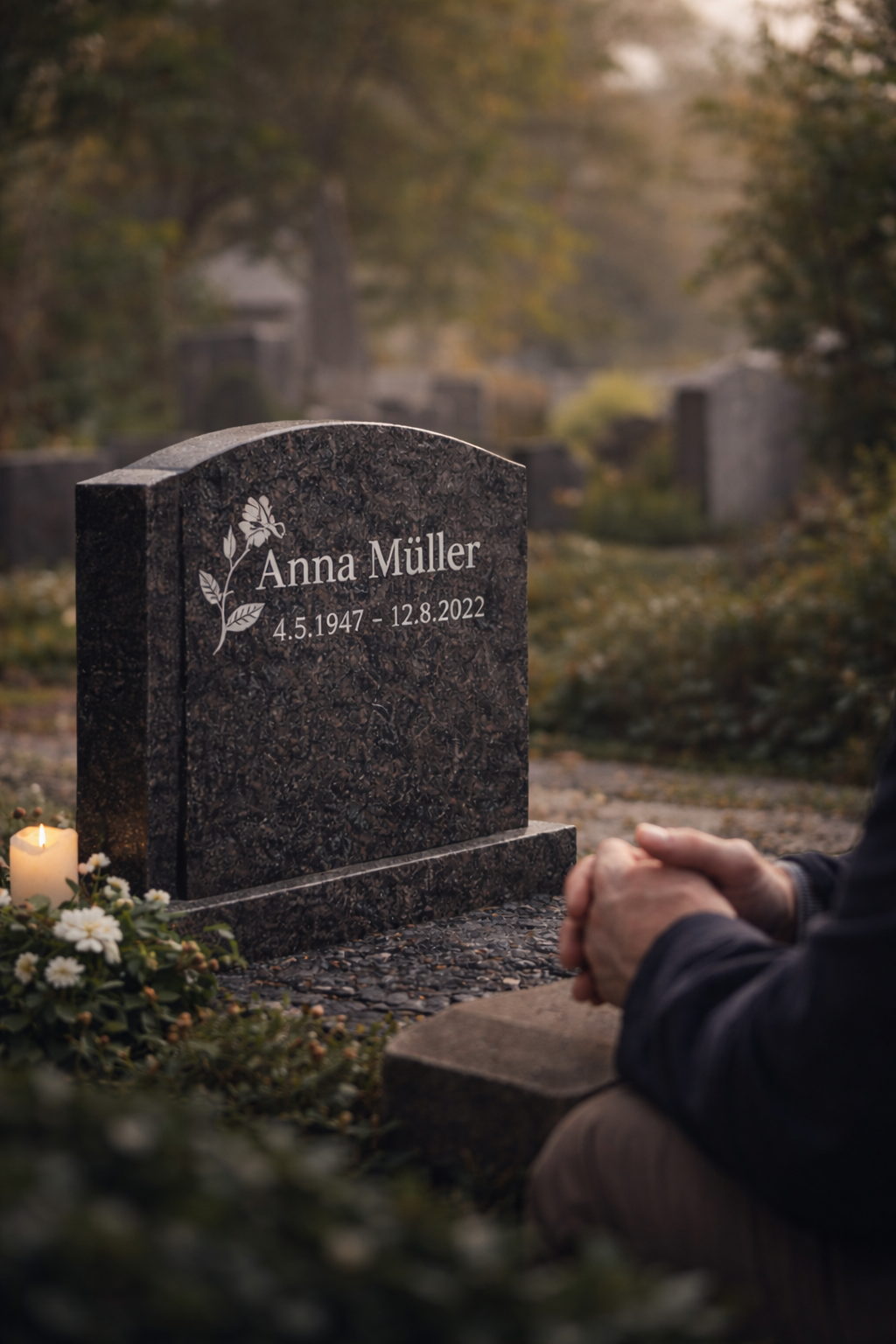Ein Grabstein mit dem Namen Anna Müller  und einer Person im Friedhof bei Herbstlaub und Bäumen im Hintergrund.