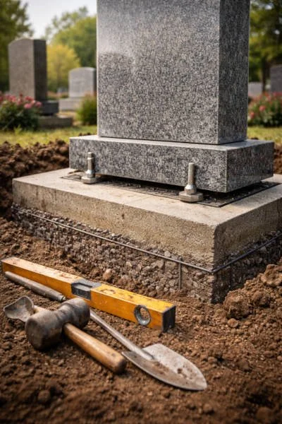 Der Aufbau eines Grabsteins auf einem Friedhof mit Werkzeugen und Fundament.