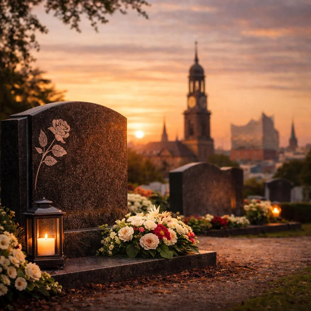 Grabstein mit Ornament und Blumen als Gedenkstätte