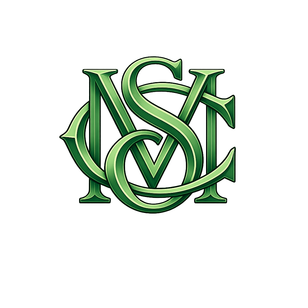A digital graphic featuring interwoven, stylized green letters on a green gradient background.