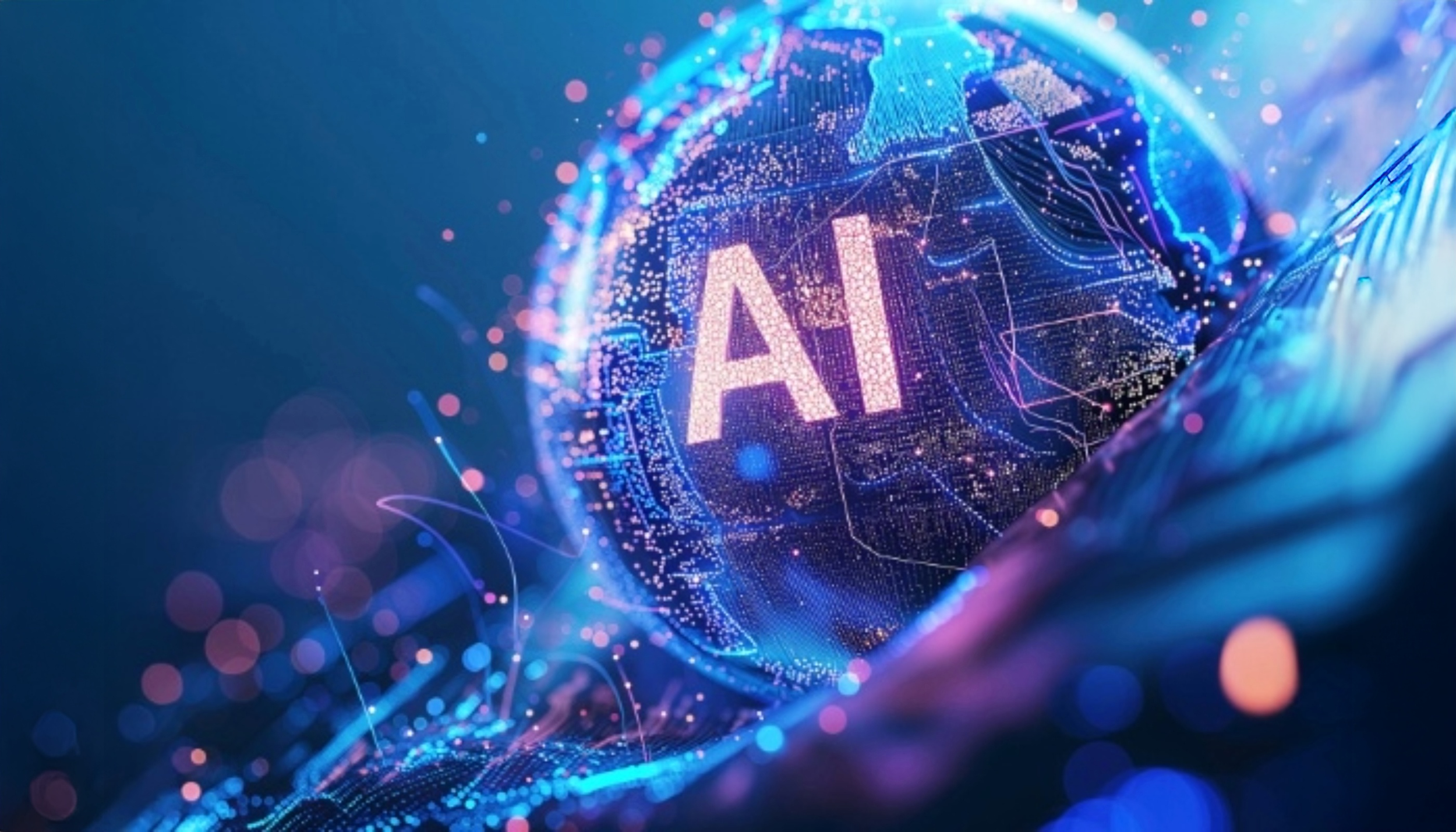 Digital representation of the concept of artificial intelligence, showing a glowing globe with the letters 'AI' in the center, surrounded by abstract data points and network lines in vibrant shades of blue and purple.