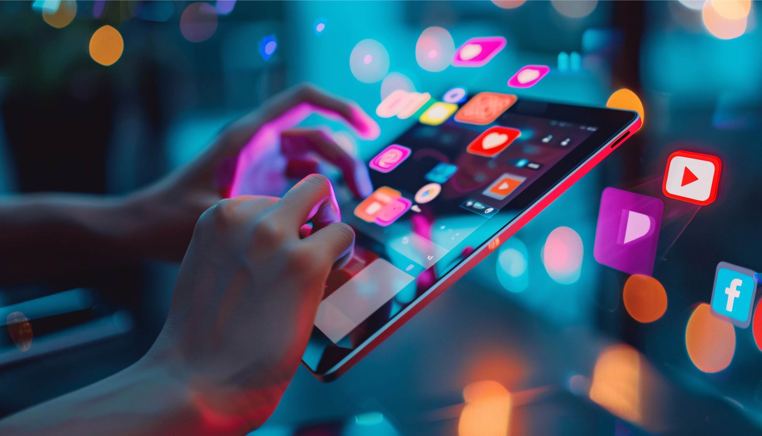 A person taps a smartphone with colorful social media and YouTube icons floating in the air around the device, with a blurred background of bokeh lights.