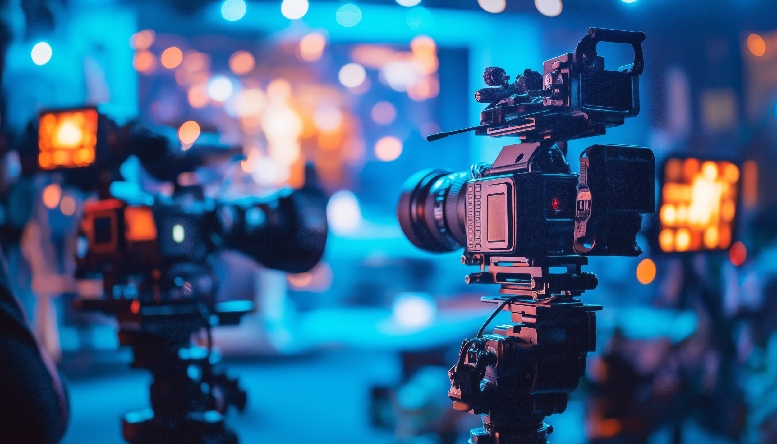 Two professional video cameras capturing footage in a dark, colorful setting with blue and orange lighting, likely in a TV studio or at a live event.