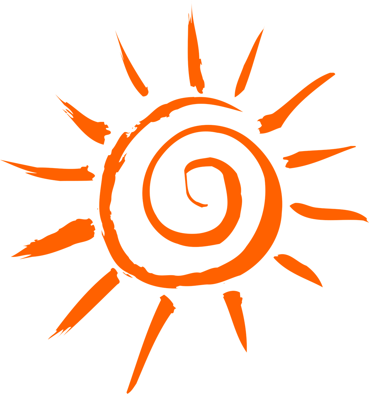 An orange, hand-drawn spiral sun with elongated rays on a black background.