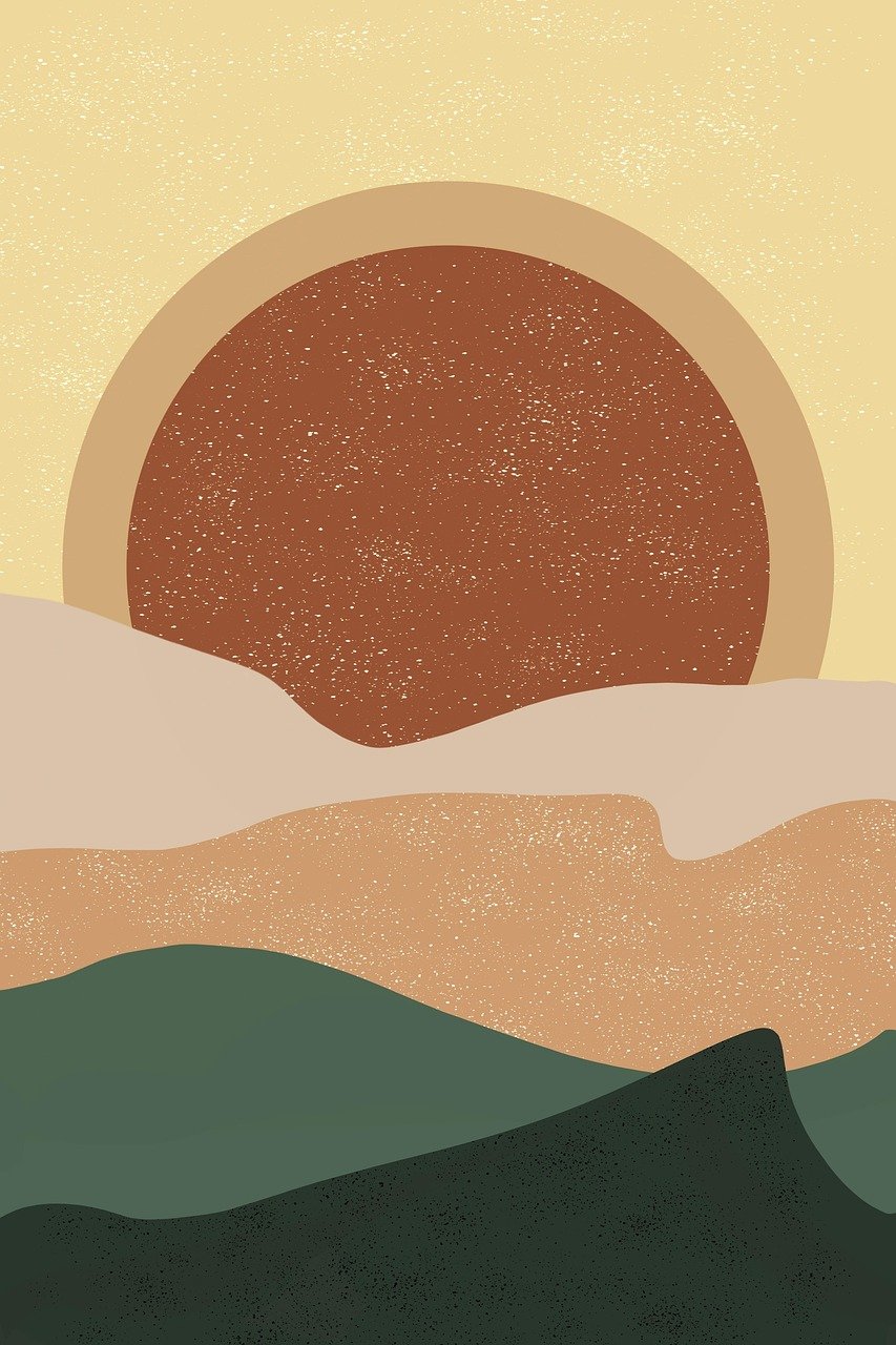 Abstract landscape of layered hills with a large sun or moon in the sky, in shades of brown, green, and beige.