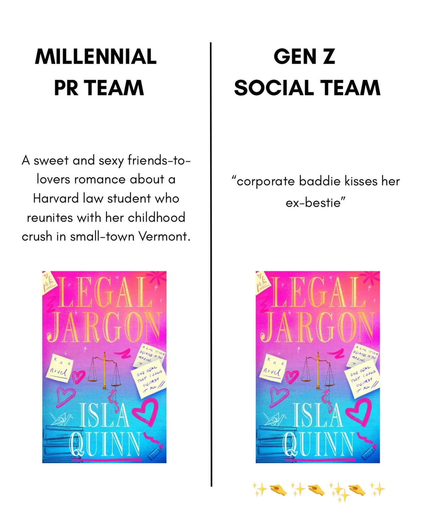 low-key diva behavior honestly 💅 

📚: Legal Jargon by Isla Quinn (out in paperback, ebook and KU)

Millennial marketing vs Gen Z social team! Which one are you? 

#millenial #genz #romancebookaddict