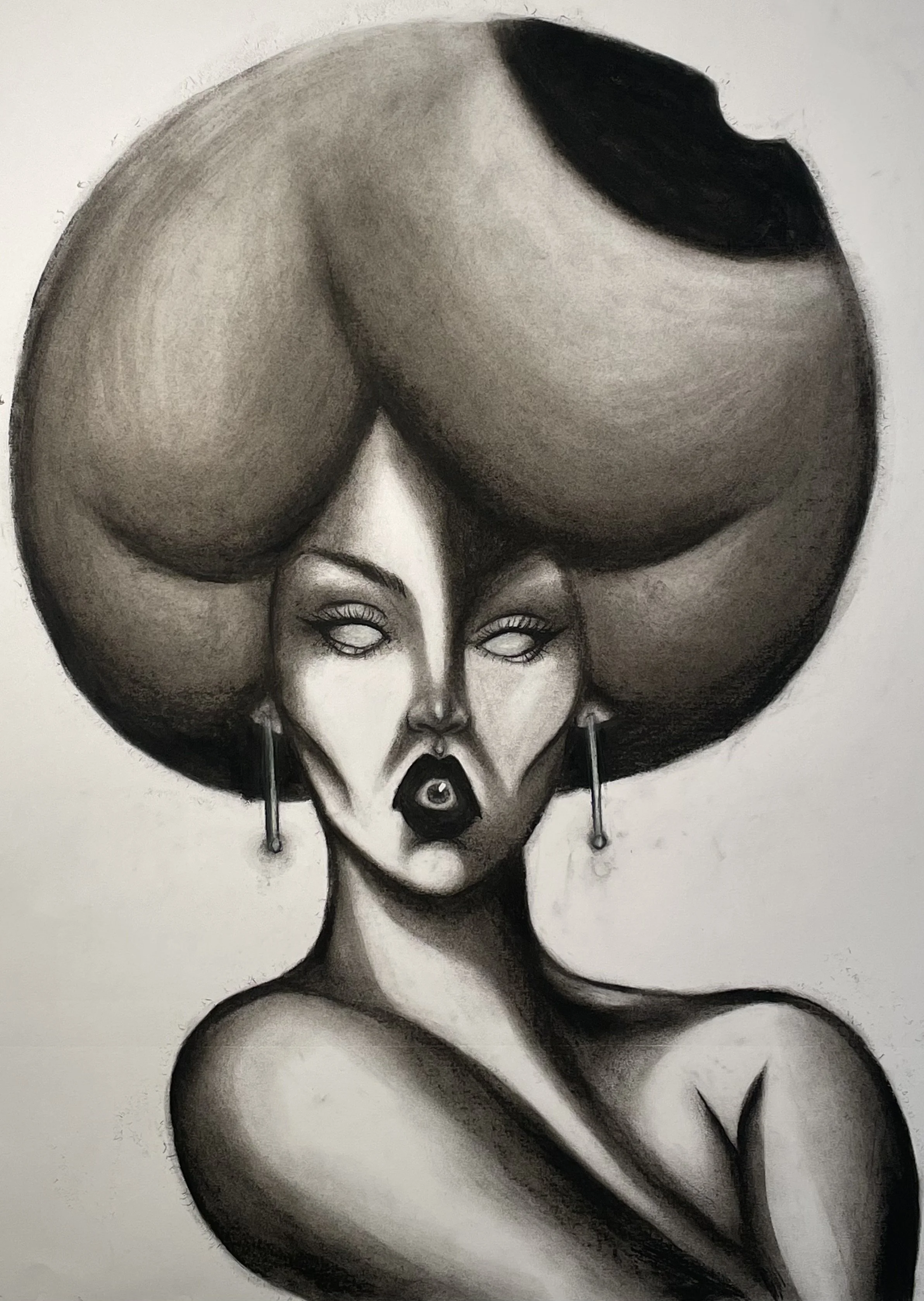 A surreal black and white drawing of a woman with exaggerated facial features, large afro hairstyle, earrings, and an expressive face with third eye by artist Isabella Ciriello.