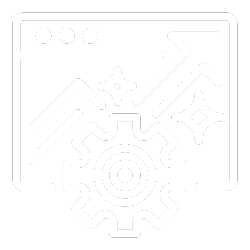 Icon of a web browser window with an upward trending arrow, sparkles, and a gear, representing website growth or optimization.