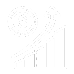 A graphic showing a dollar sign inside a circle, with two upward arrows and a bar chart increasing in height from left to right.