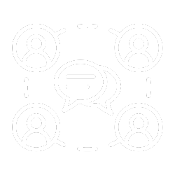 Icon of four people connected by dashed lines with a speech bubble in the center.