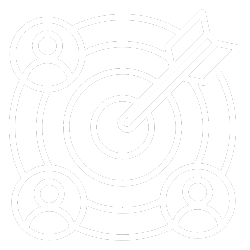 A target with an arrow hitting the center, surrounded by three connected user icons representing teamwork or social connection.